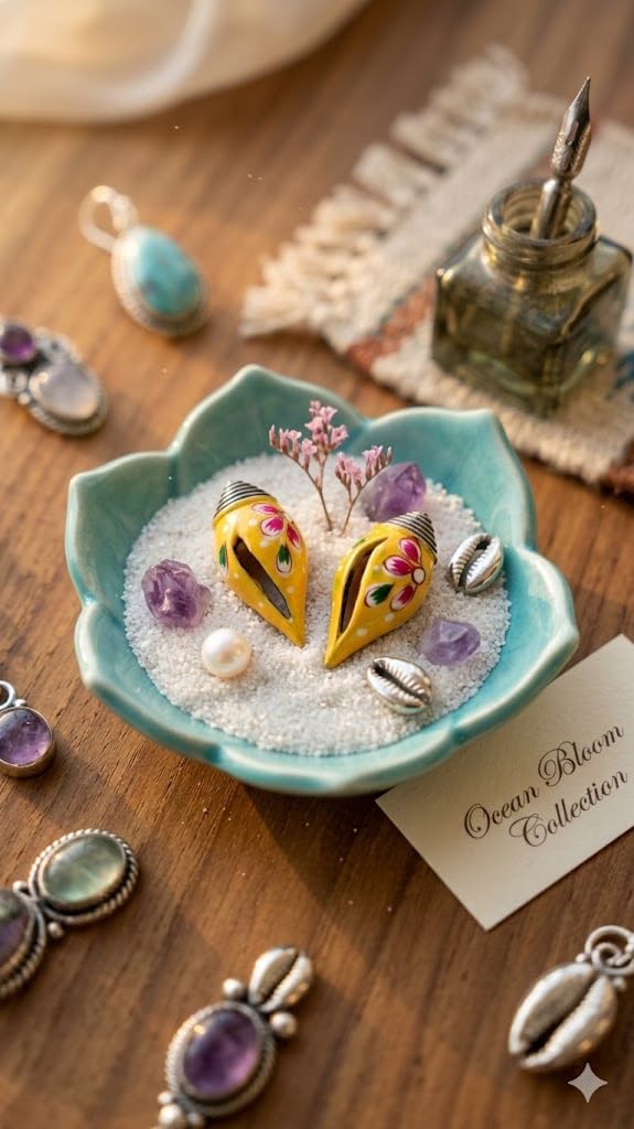 El Regalo Ethnic Hand-Painted Conch-Style Earrings for Women | Ethnic Boho Statement Earrings | Traditional Festival Earrings | Unique Handmade Drop Earrings (Yellow)