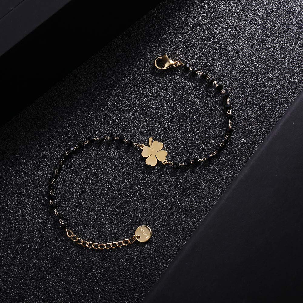 El Regalo Stainless Steel Mangalsutra Evil Eye Nazaria Bracelet- Black Crystal Beads Anti Tarnish Chain Bracelet for Girls/Women (Clover Leaf Nazaria Bracelet)