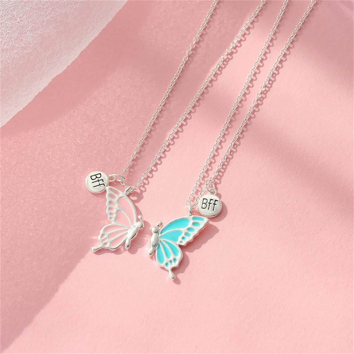 El Regalo Magnetic Butterfly BFF Necklaces for 2, Enamel Butterfly Friendship Magnetic Necklace for Teen Girls Women - Gift for Best Friends/Besties/Sisters (Pink & Blue Butterflies)