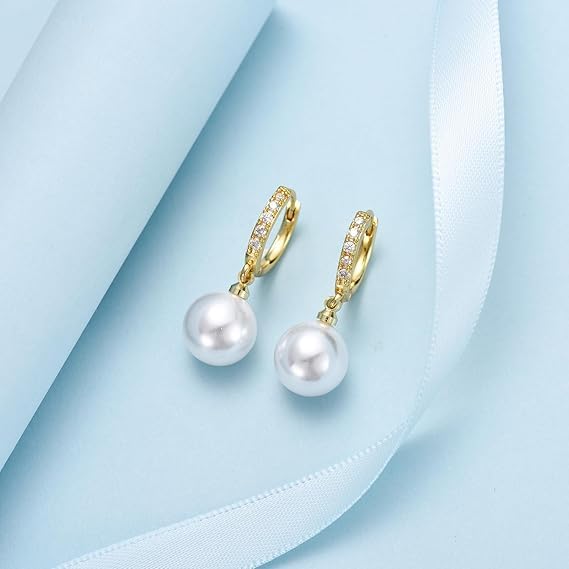 El Regalo Minimalist CZ Pearl Drop Earrings for Women | Korean Style Dangle Hoop Earrings | Gold & Silver Plated Cubic Zirconia Pearl Earrings | Elegant Daily Fashion Jewellery for Girls (Gold- Round)
