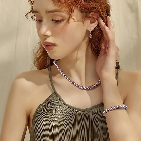 El Regalo Elegant 3-Piece Pearls Jewelry Set Includes Strand Mala, Stunning Bracelet & Dangle Earrings | Premium 8mm Round Shell Pearl Necklace Set for Women | Luxury Party Gifting (Purple)