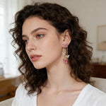 El Regalo Cute 3D Crystal Butterfly Tassel Earrings for Women & Girls | 18K Gold Plated Long Hanging Drop Linear Earrings | Elegant Korean Aesthetic Western Party Jewelry (Pink)