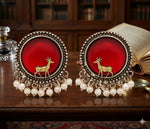 El Regalo Big Antique Oxidised Vintage Stud Earrings for Women and Girls | Boho Ethnic Statement Dual Tone Ear Tops with 3D Gold Deer Motif & Hanging Pearl Drops | Premium Traditional Festive Gift Jewelry (Red)