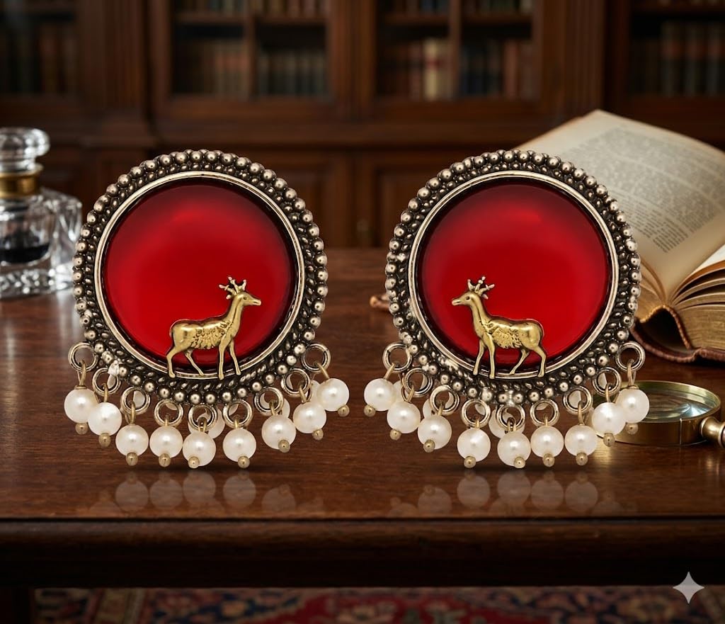 El Regalo Big Antique Oxidised Vintage Stud Earrings for Women and Girls | Boho Ethnic Statement Dual Tone Ear Tops with 3D Gold Deer Motif & Hanging Pearl Drops | Premium Traditional Festive Gift Jewelry (Red)