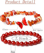 El Regalo 2PCs Natural Crystals Butterfly Bracelets Set- Real Crystals Healing Stones Bracelet Combo for Women (Red Agate)