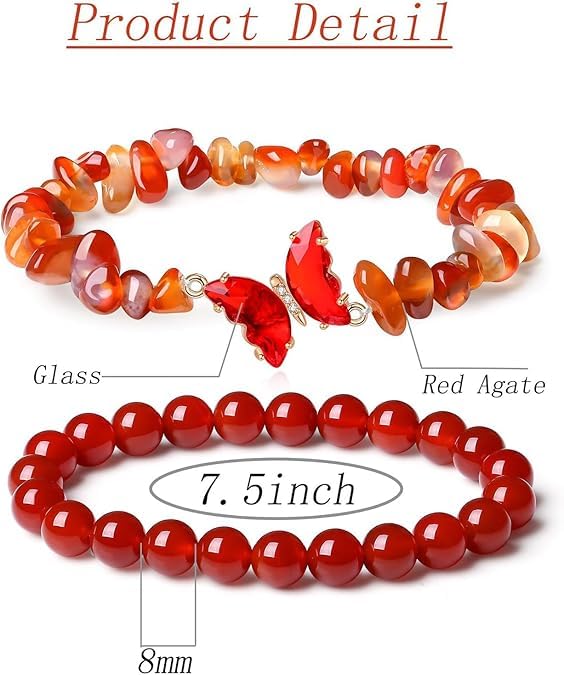 El Regalo 2PCs Natural Crystals Butterfly Bracelets Set- Real Crystals Healing Stones Bracelet Combo for Women (Red Agate)