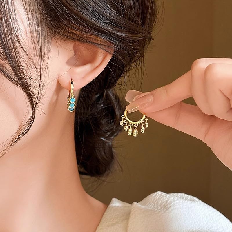 El Regalo Elegant Round Dot Turquoise Dangle Drop Huggie Hoop Earrings - Cute 14k Gold Plated Multi Drop Hoop Earrings for Women & Girls
