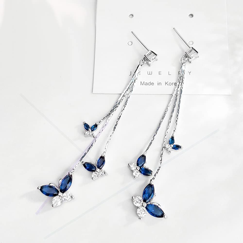 El Regalo Crystal Butterfly Drop Dangle Tassel Earrings for Women & Girls - Blue Butterfly Earrings
