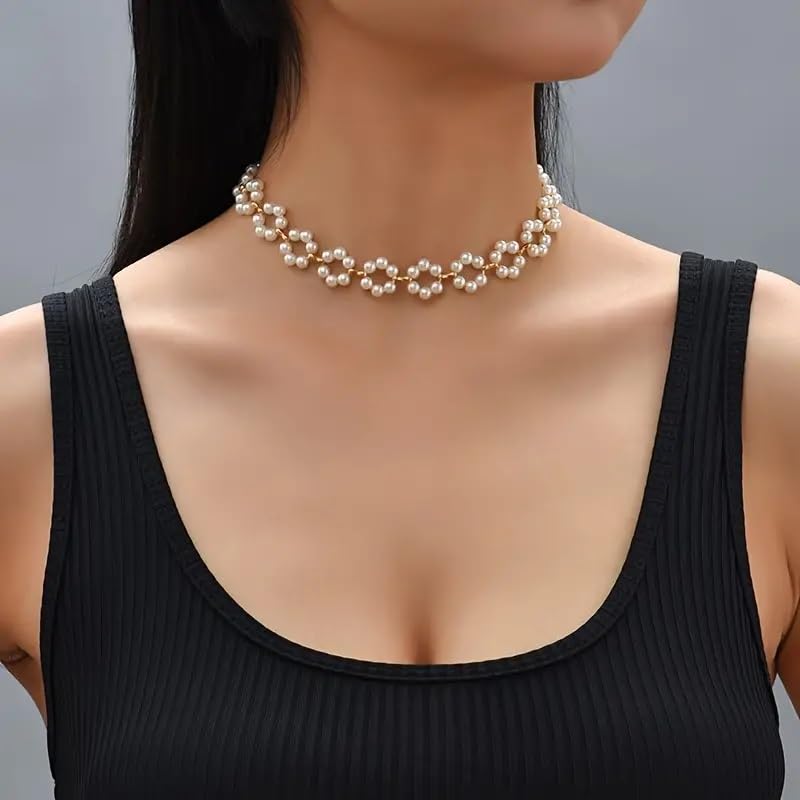 El Regalo Pearls Flowers Choker Necklace- Elegant Faux Pearls, Round Hollow Design Temperament Flower Choker Necklace for Girls & Women
