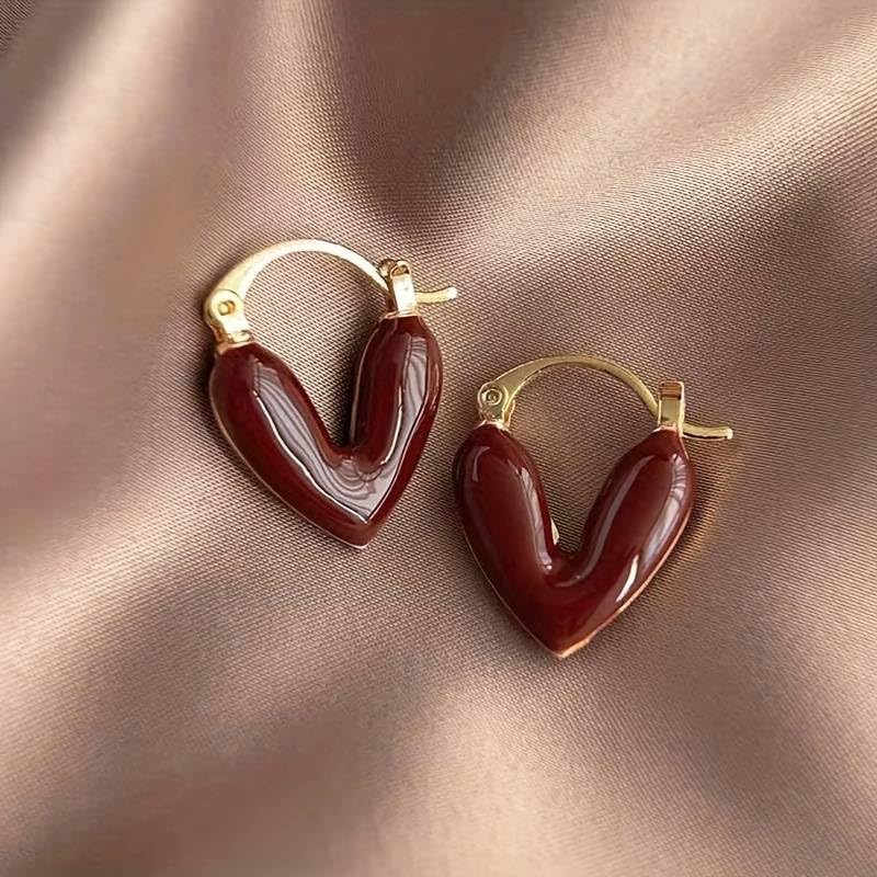El Regalo 1Pair Love Heart Hoop Earrings- Small Oil Dripping Gold Plated Heart Earrings for Girls & Women Hoop (Dark Red)