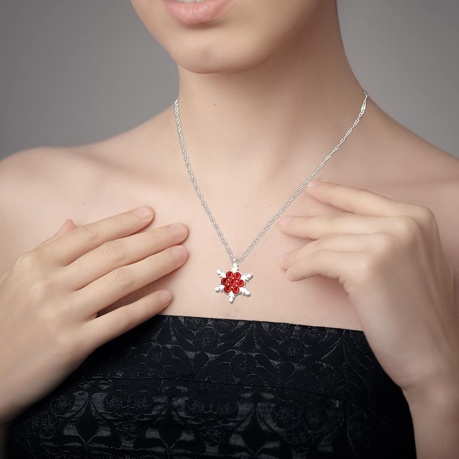 El Regalo Small Snowflakes Inlaid Rhinestones Crystal Pendant Necklace for Girls & Women (Red)