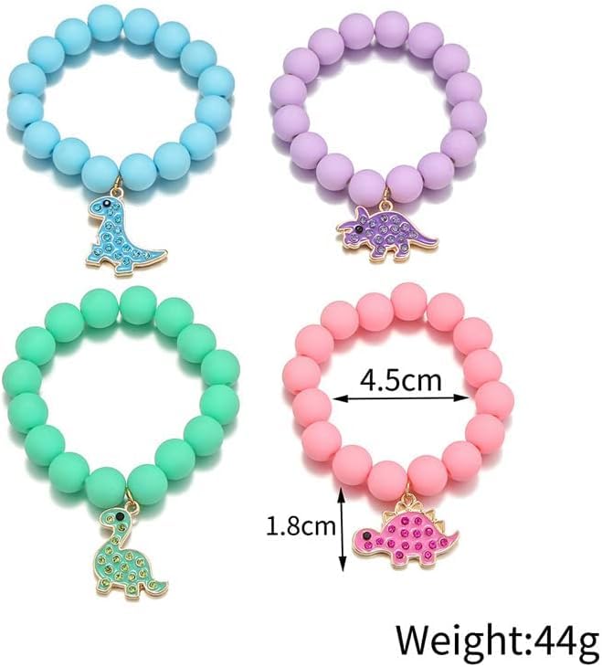 El Regalo 4PCs Cute Dinosaur Beaded Bracelet Set - Pastel Color Acrylic Dino Charm Bracelets for Girls & Kids