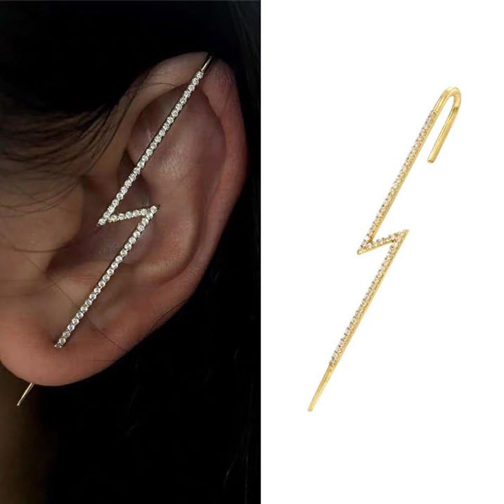 El Regalo 2PCs Fancy Lightning Bolt Edgy Hook Pin Ear Cuff Earring for Girls & Women - Ear Crawler Ear Pins (1 Gold & 1 Silver)