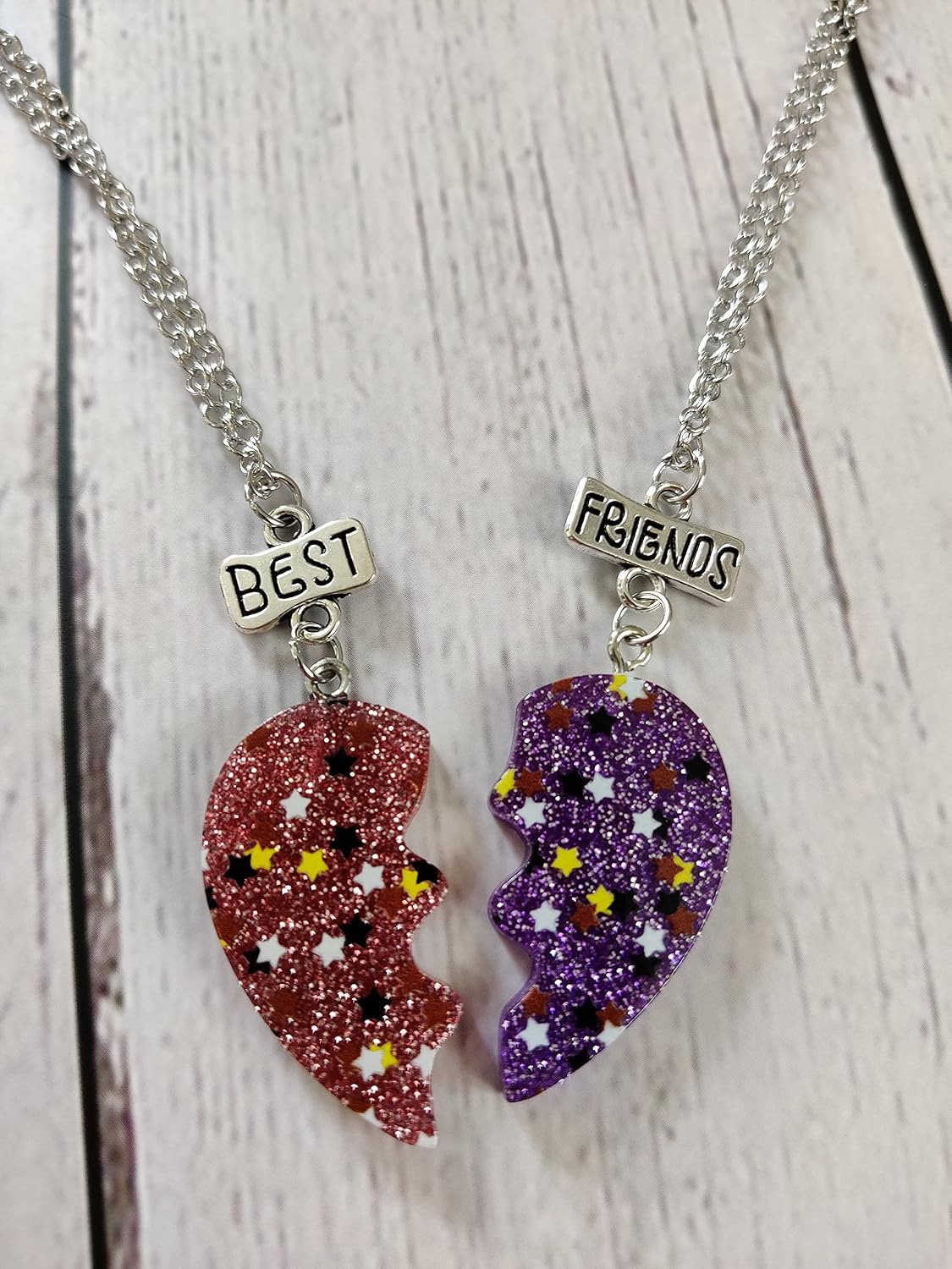 EL REGALO 2 Pcs Best-Friend Pink Purple Resin Heart Pendant Necklace Set For For Girls