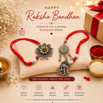 El Regalo Red Lumba Rakhi Set For Bhaiya Bhabhi - German Silver Rakhi Combo Set with Roli Chawal, Message Card in Rakhi Gift Box