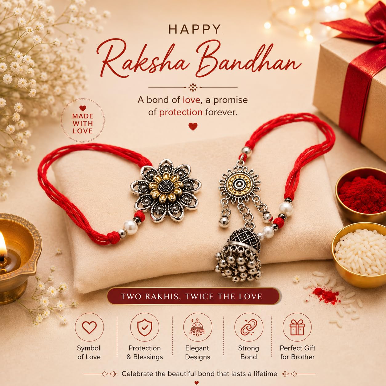 El Regalo Red Lumba Rakhi Set For Bhaiya Bhabhi - German Silver Rakhi Combo Set with Roli Chawal, Message Card in Rakhi Gift Box