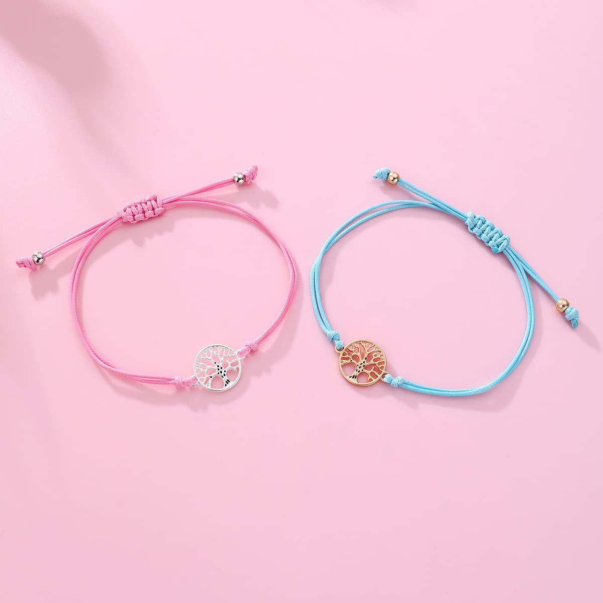 El Regalo 2pcs/set Pink & Blue Best Friends Handmade Woven Rope Thread Braided Bracelet with Spray Lacquer Accessories For Kids/Girls/Teens (Tree of Life Bracelets)