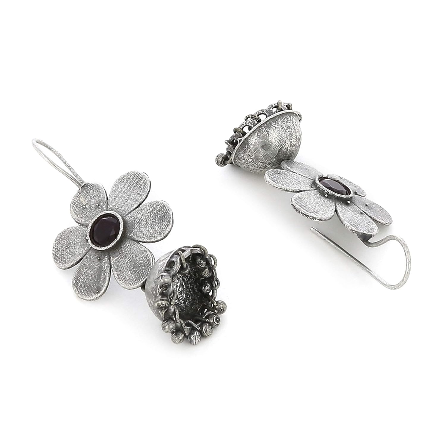 El Regalo Pretty Small Traditional Ethnic Bollywood Style Vintage Floral Jhumka Earrings for Women & Girls in Antique Oxidized Silver Finish (Black)