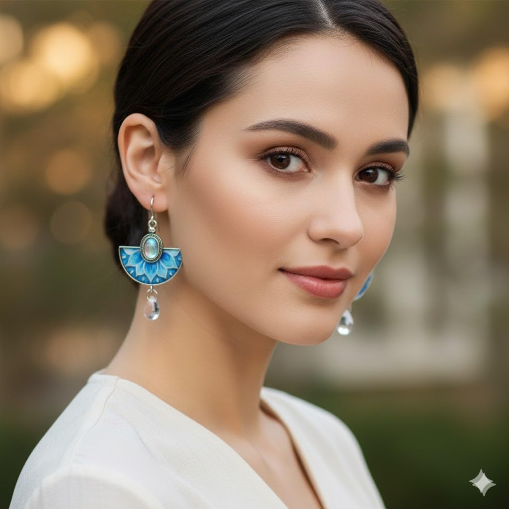 El Regalo Vintage Boho Lotus Flower Dangle Earrings for Women - Blue Enamel Fan-Shaped Drop Earrings with Iridescent Moonstone Center & Crystal Drip - Ethnic Gypsy Style Jewelry