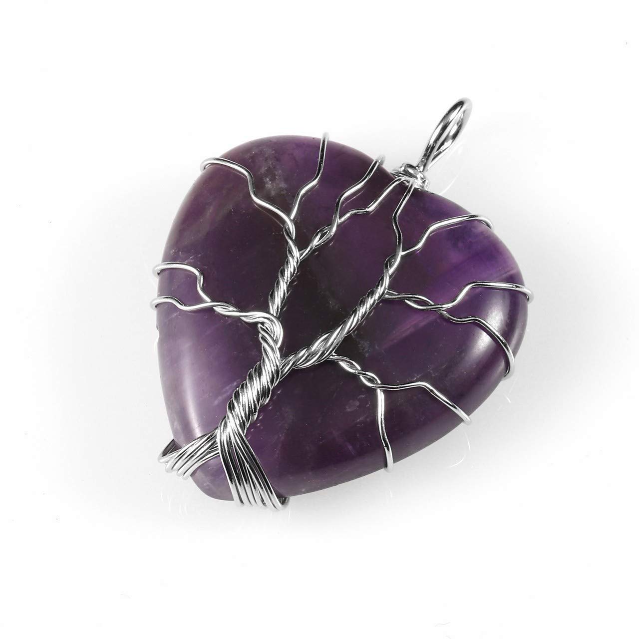 El Regalo Tree of Life Wire Wrapped Heart Shape Natural Quartz Stones Healing Crystal Chakra Pendant Necklace - Perfect Valentines Day Gift for Girls & Women (Amethyst)