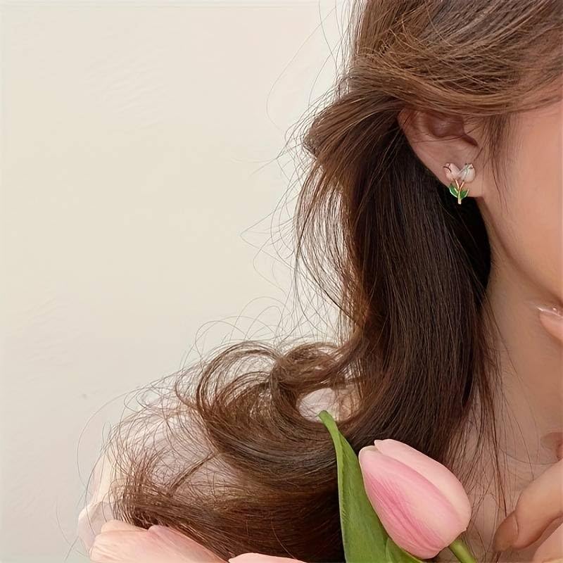 El Regalo Cute Tiny Pink Tulip Flower Bud Stud Earrings for Girls & Women (2 Tulip Buds)