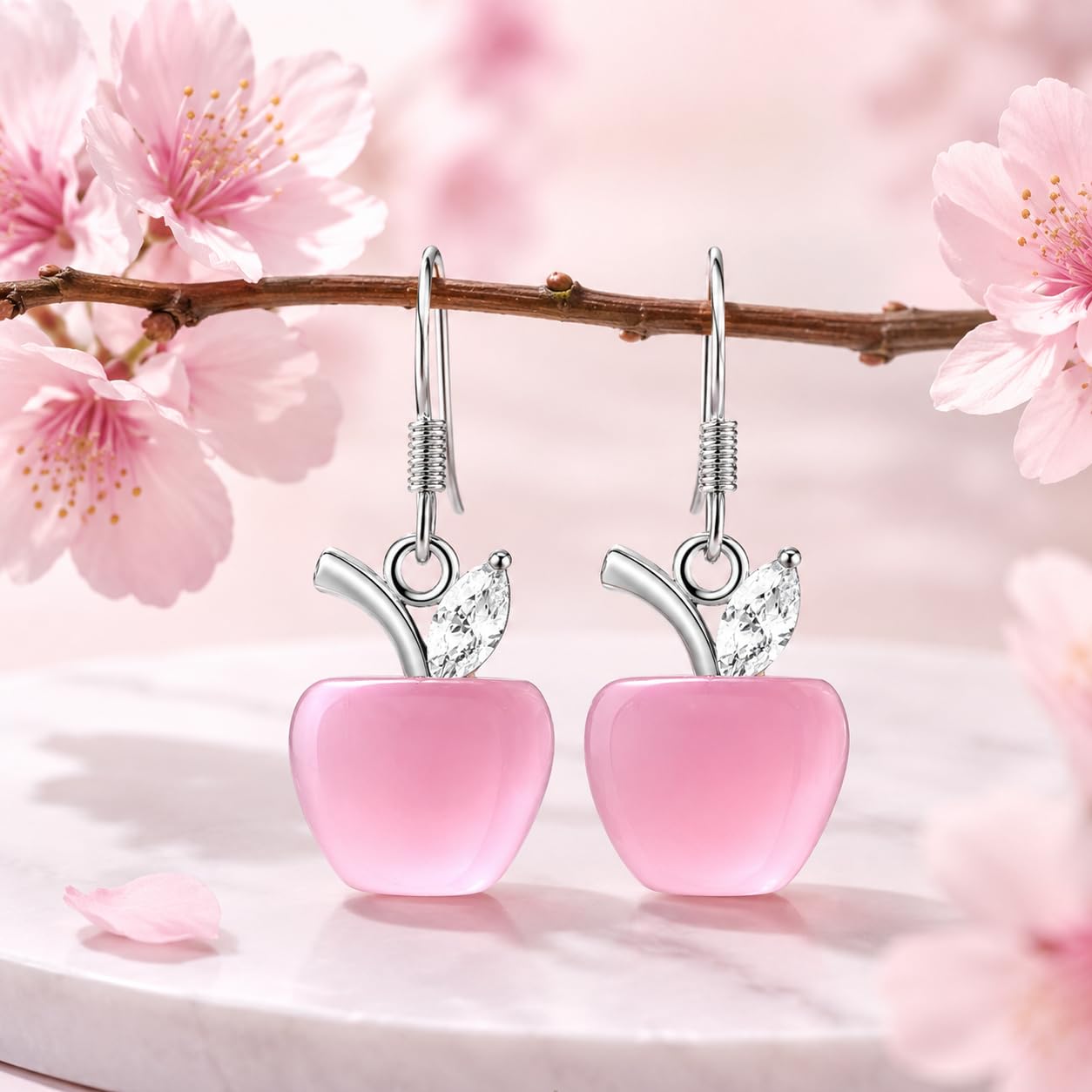 El Regalo Cute Pink Apple Drop Earrings for Women & Girls | Korean Style Aesthetic Earrings | CZ Studded Dangle Earrings | Trendy Party Fashion Jewellery
