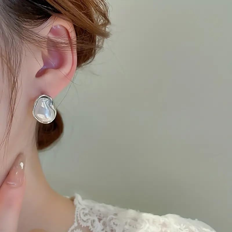 El Regalo Womens Classic Baroque Faux Pearl Stud Earrings, Elegant French Style, Irregular Pearl Stud Earrings- Elegant Vintage Style Irregular Geometric (Abstract Silver Pearl)