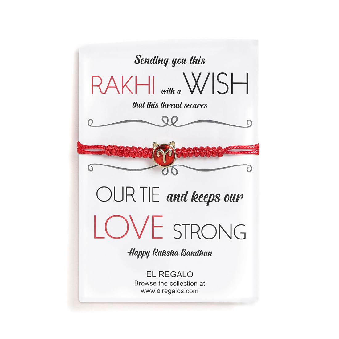 El Regalo 1 PC Zodiac Signs/Sun Signs Red Thread Bracelet Rakhi for Bhai/Brother/Niece or Nephew - Zodiac Sign Rakhi, Roli-Chawal Shagun, Rakhi Message Card in Rakhi Box (Aries Rakhi)