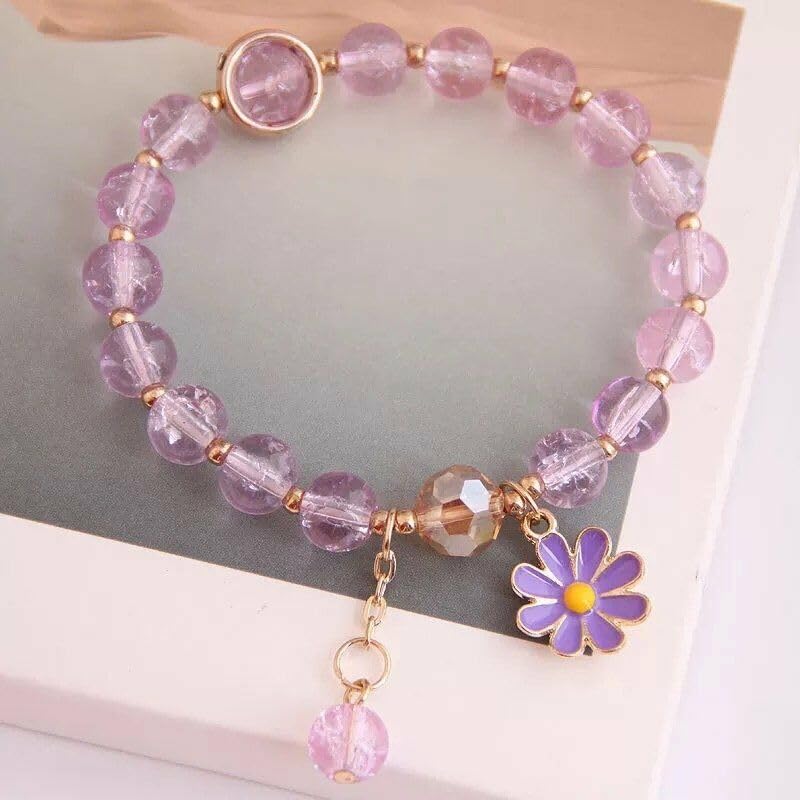 El Regalo 1 PC Dailsy Flower Sparkly Crystal Beads Tassel Bracelet for Girls/Teens/Women- Cute Crackle Beads Daisy Flower Stretch Bracelet (Purple)