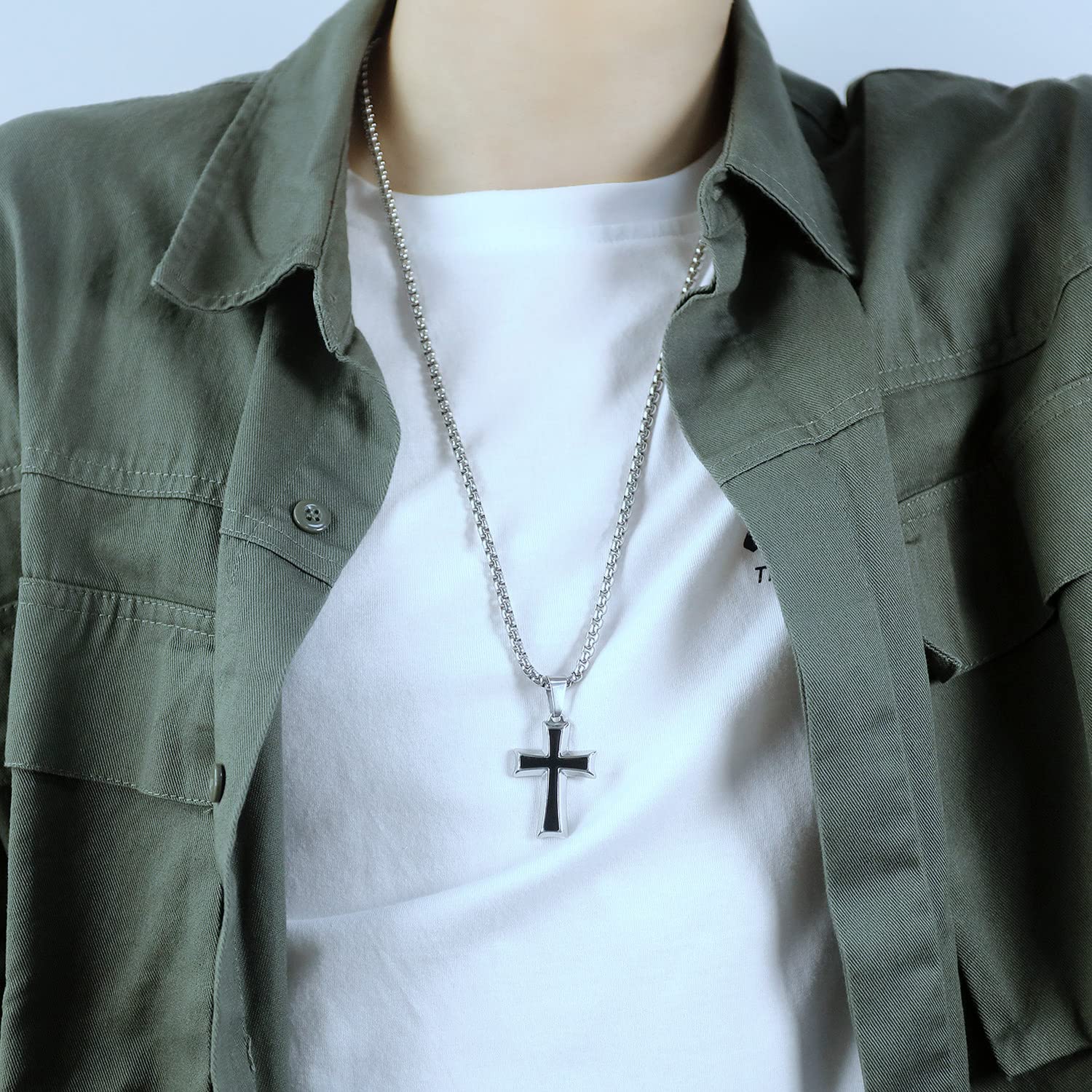 El Regalo 1 PC Men's Stainless Steel Necklace for Boys/Men- Gift for Him- Razor, Rings, Football, Cross (Cross Style2)