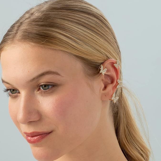 El Regalo 1 Pair CZ Butterfly Cuff Earrings for Non Pierced Ears- No Piercing Zircon Butterfly Wrap Crawler Ear Cuff Earrings For Women & Girls (Gold)