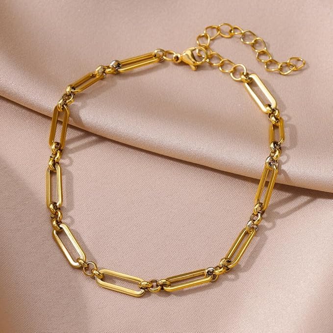 El Regalo 1 PC Stainless Steel Anklets for Women/Girls - 18K Gold Plated Paperclip Chain, Heart, Bow & Daisy Flower Ankle Bracelets - Anti-Tarnish, Waterproof Summer Beach Jewelry Gift (Style-1, 1)