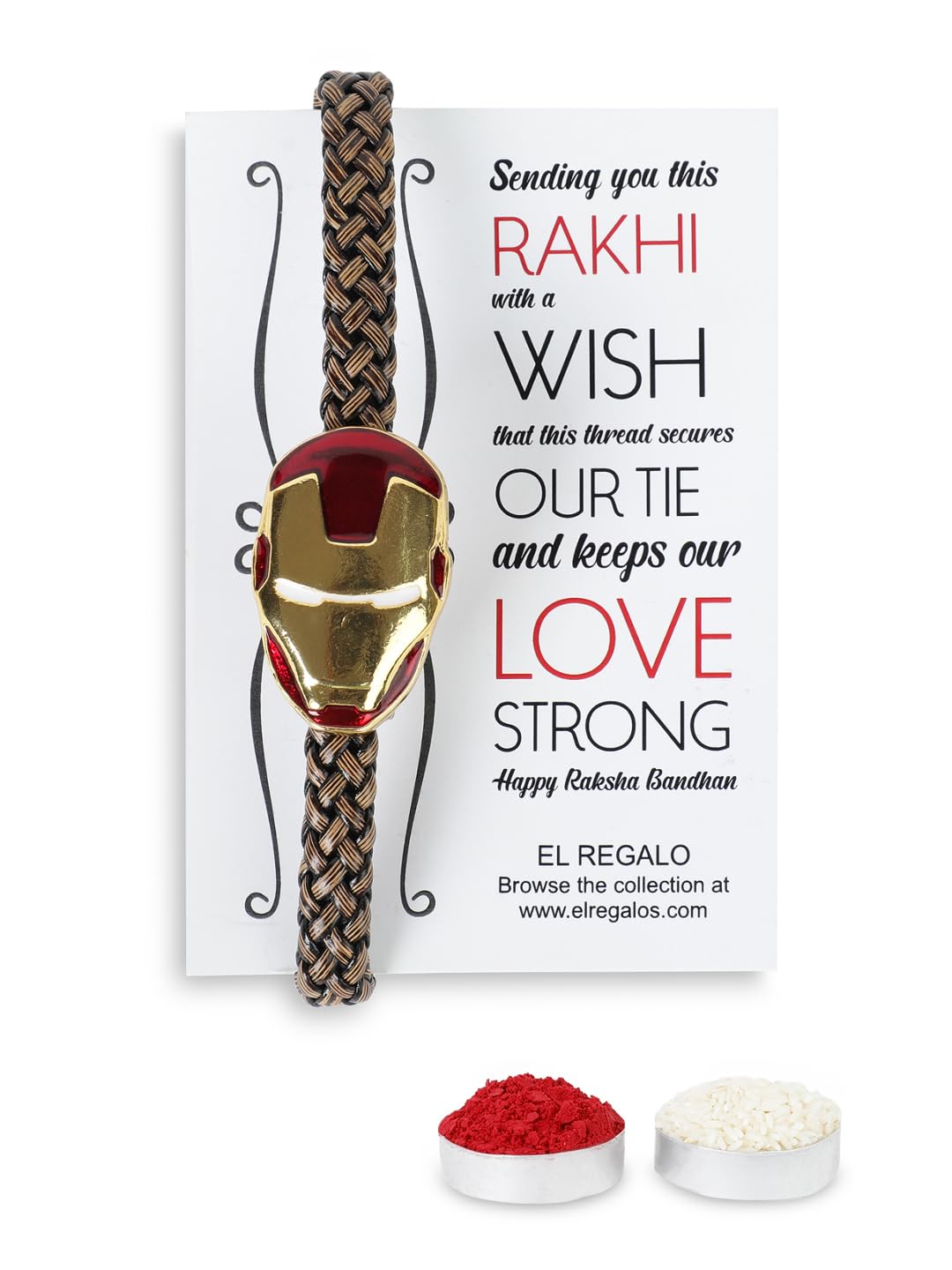 El Regalo Boys 1Pc Super Hero Bracelet Rakhi For Brother/Bhai With Roli Chawal Shagun Pack, Message Card In Rakhi Box (Iron Man)