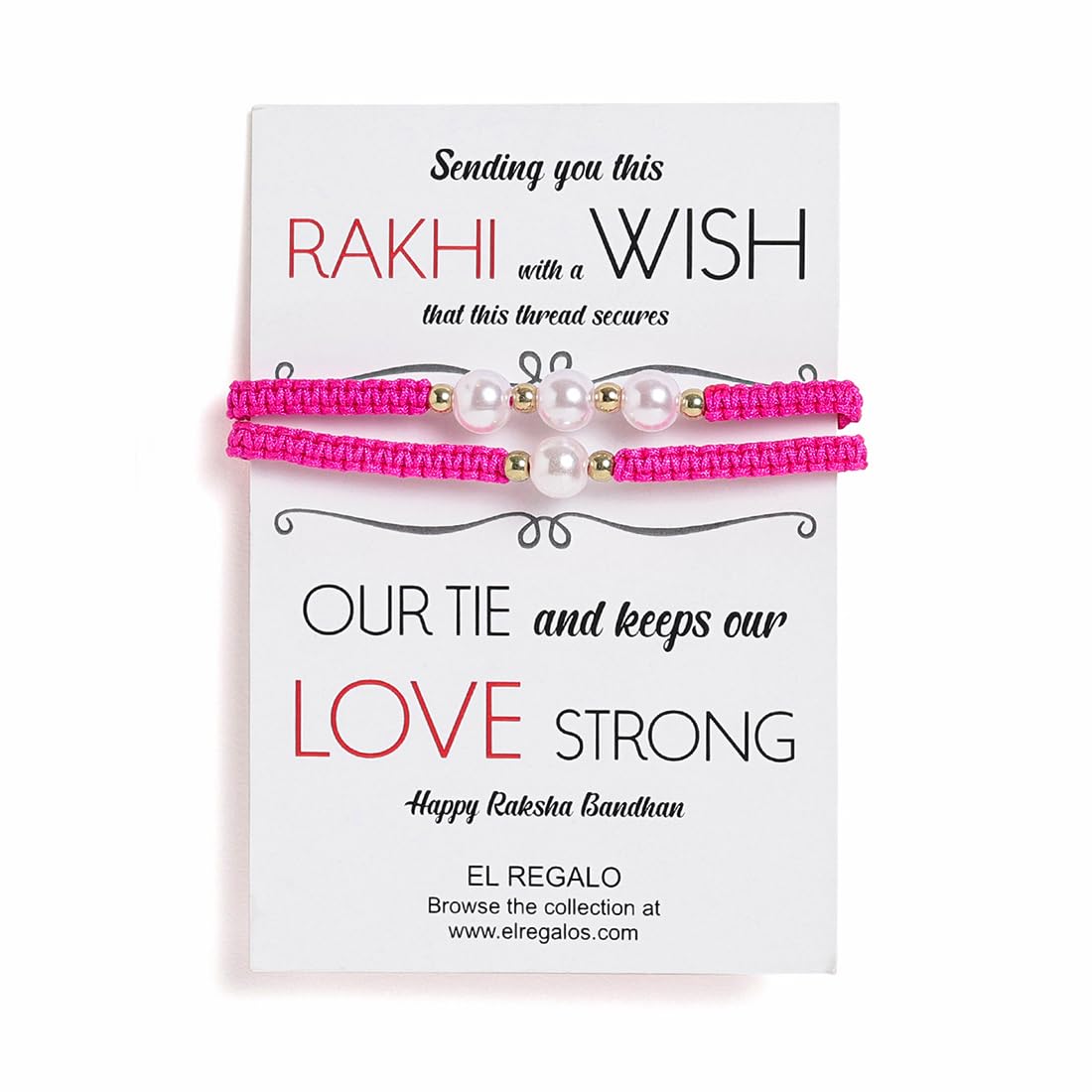 El Regalo 2PCs Pearls Rakhi Combo Set for Bhaiya-Bhabhi/Bhai- Bhatija/Bhatiji- Rakhi Gift Combo with 2 Pearls Rakhi, Roli-Chawal Shagun Pack, Message Card in Gift Box (Rose Pink)