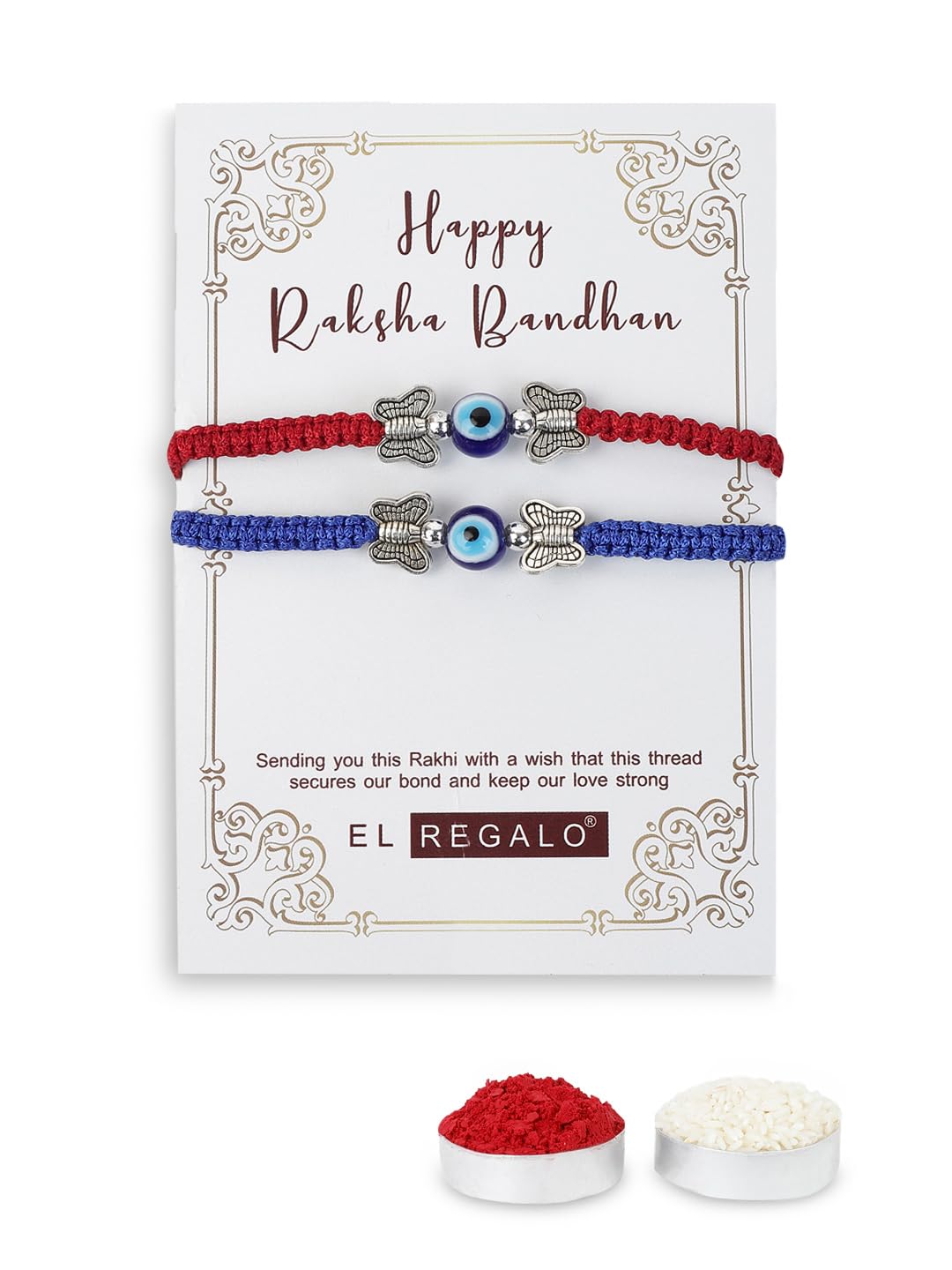 El Regalo 2PCs Cute Evil Eye Bracelet Rakhi Combo for Brothers/Bhai-Bhabhi- Fancy Evil Eye Rakhi with Roli Chawal in Rakshabandhan Gift Box (Red & Blue Butterfly Evil Eye)