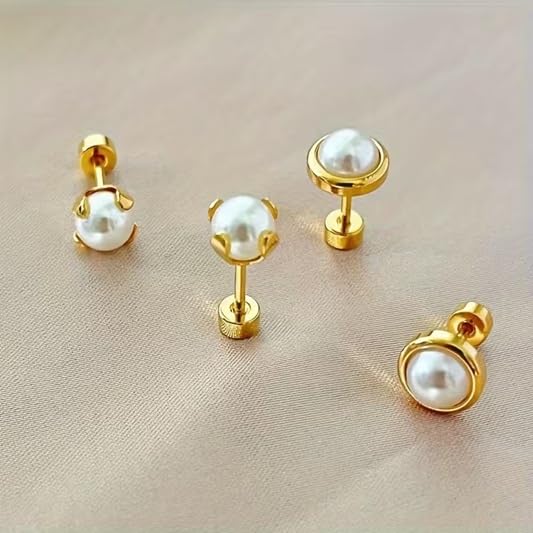 El Regalo 2 Pairs Pearl Stud Earrings for Women & Girls - Earrings Combo Set | 18K Gold Plated Anti Tarnish Stainless Steel | Hypoallergenic, Waterproof Studs Jewelry Combo (Classic & Bezel Style)
