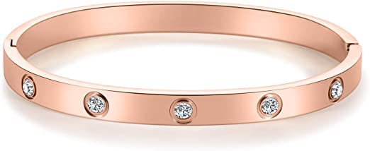 El Regalo Stainless Steel Bangle Bracelet with Cubic Zirconia/CZ for Women - Stainless Steel Openable Bracelet with Magnetic Lock (Rose Gold)