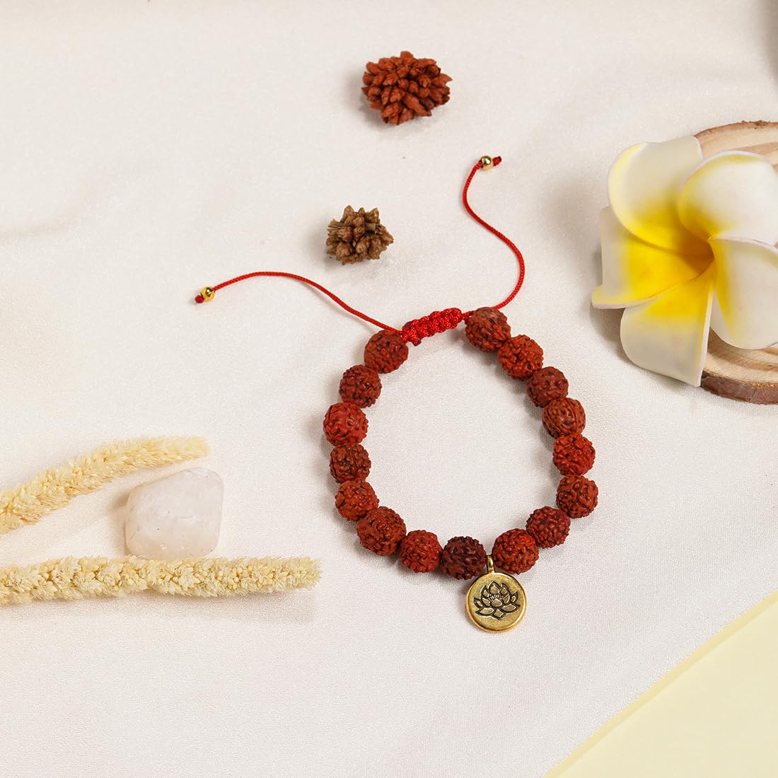 El Regalo Unisex 1 PC Natural Rudraksha Beads Adjustable Bracelet: Handmade Lord Shiva Rudraksha Beads Bracelet with Spritual OM/Aum, Budhdha, Lotus Charms (Golden Lotus Rudraksha Bracelet)