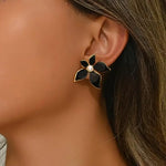 El Regalo 1Pair Stainless Steel Flower Pearl Earrings for Girls & Women | Gold Plated Retro Vintage Floral Enamel Stud Earrings | Anti-Tarnish Hypoallergenic Earrings | Cute & Elegant Studs (Black)