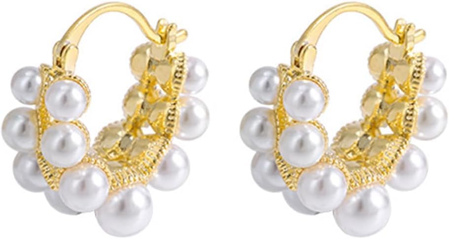 El Regalo Retro Elegant Double Row Imitation Pearl Oval Hoop Earrings for Women - Fashion Pearl Double Layer Ear Buckle Hoops