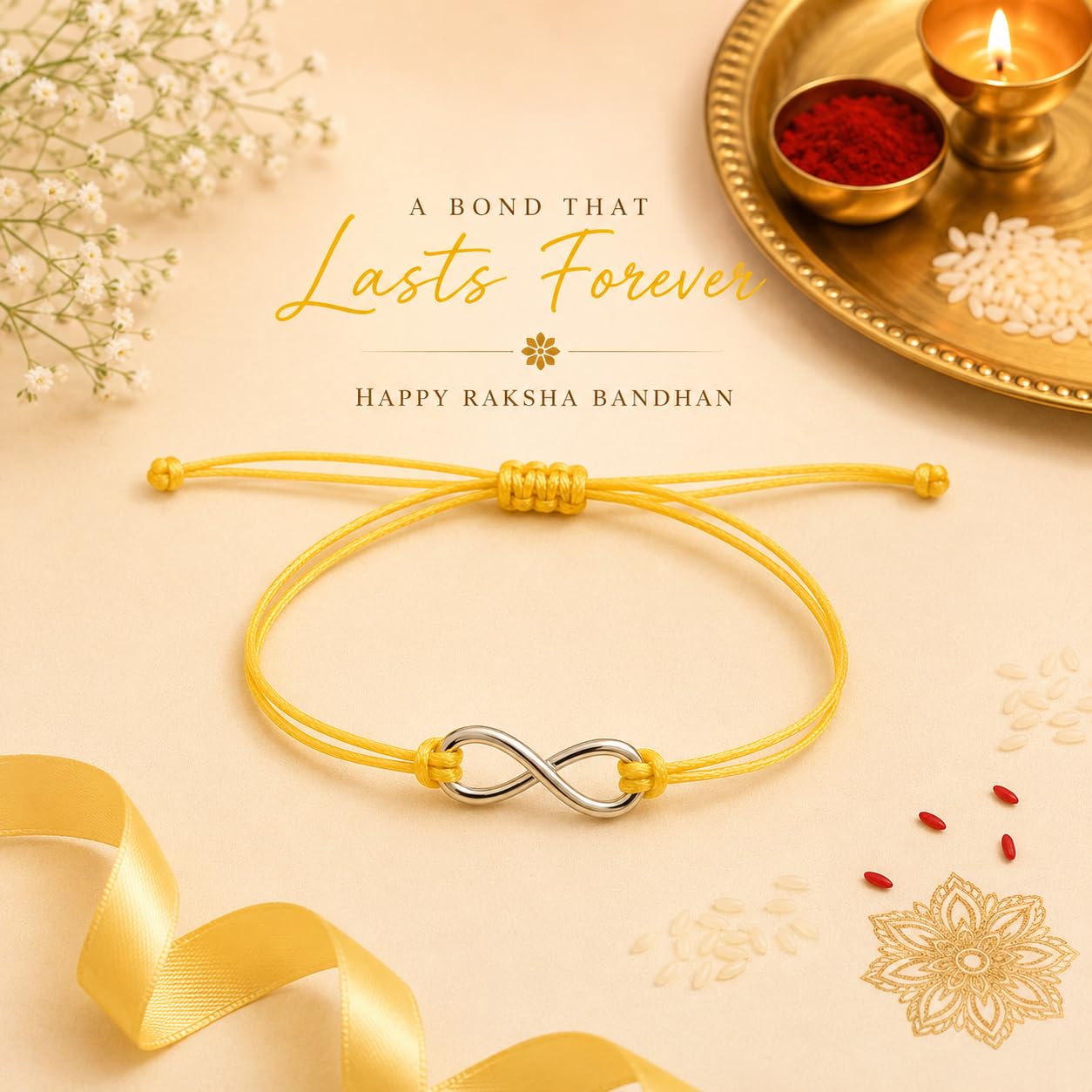 El Regalo 1PC Minimalist Infinity Rakhi for Brother- Simple Infinity Rakhi with Roli Chawal, Rakhi Message Card in Rakhi Gift box for Brother (Yellow)