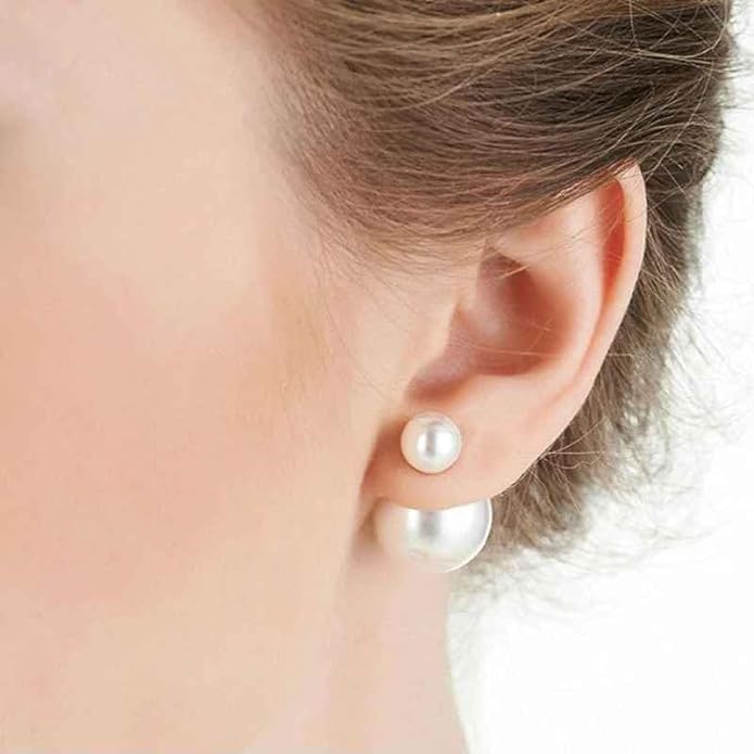 El Regalo 2 Pairs Pearls Earrings- Front & Back Double Sided Small & Big Simulated Pearl (White & Grey) Stud Earrings for Girls & Women