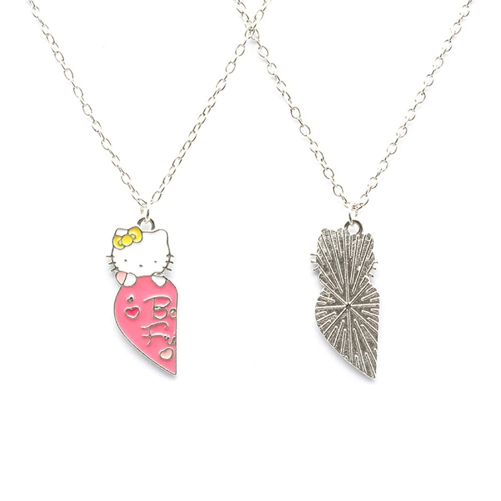 El Regalo 2 PCs BFF Kitty Cat Necklace for Best Friends- BFF 2 Besties Pink Matching Heart Necklace for Kids/Girls