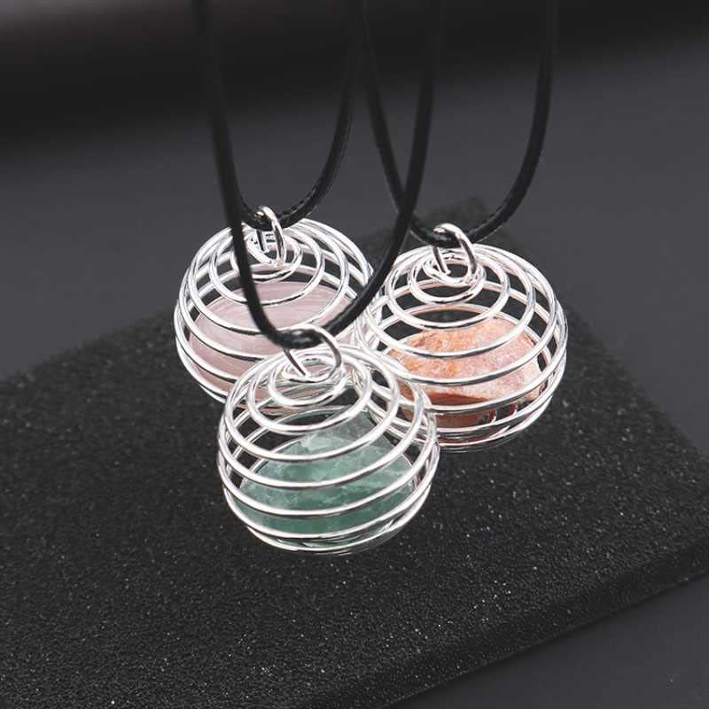 El Regalo 1 PC Healing Crystal Chakra Stone Necklace Gemstone Beads Round Iron Spiral Bead Cage Pendants Jewelry for Girls & Women (Amethyst)