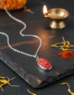 El Regalo Lord Ganesha Red Stone Pendant Necklace for Men & Women | Synthetic Carved Ganpati Locket with Silver Finish Chain | Spiritual Jewellery