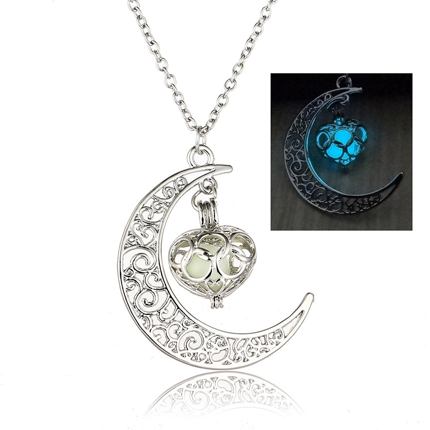 El Regalo Valentine's day gift-Glow In The Dark Moon with hanging Heart Pendant Necklace | Frozn Forest 925 Silver Plated Girls Pendant Necklace