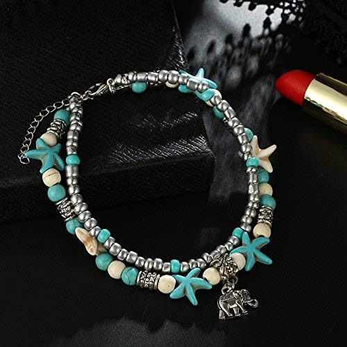 El Regalo Antique Silver Tone Multi Layer Turquoise Beach Beaded Bohemian Fashion Charm Anklets for Women & Girls (Elephant Charm)