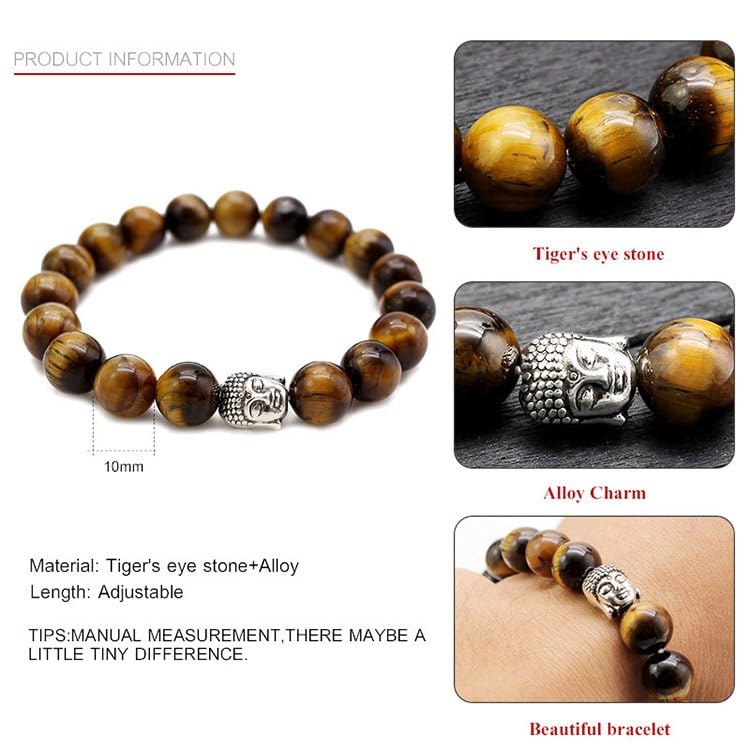 El Regalo 1PC Natural Tiger Eye Beads Stretch Unisex Bracelet for men & Women with Hamsa Hand, Rudraksha, Elephant & Budhdha Charms (Budhdha Tiger Eye Bracelet)