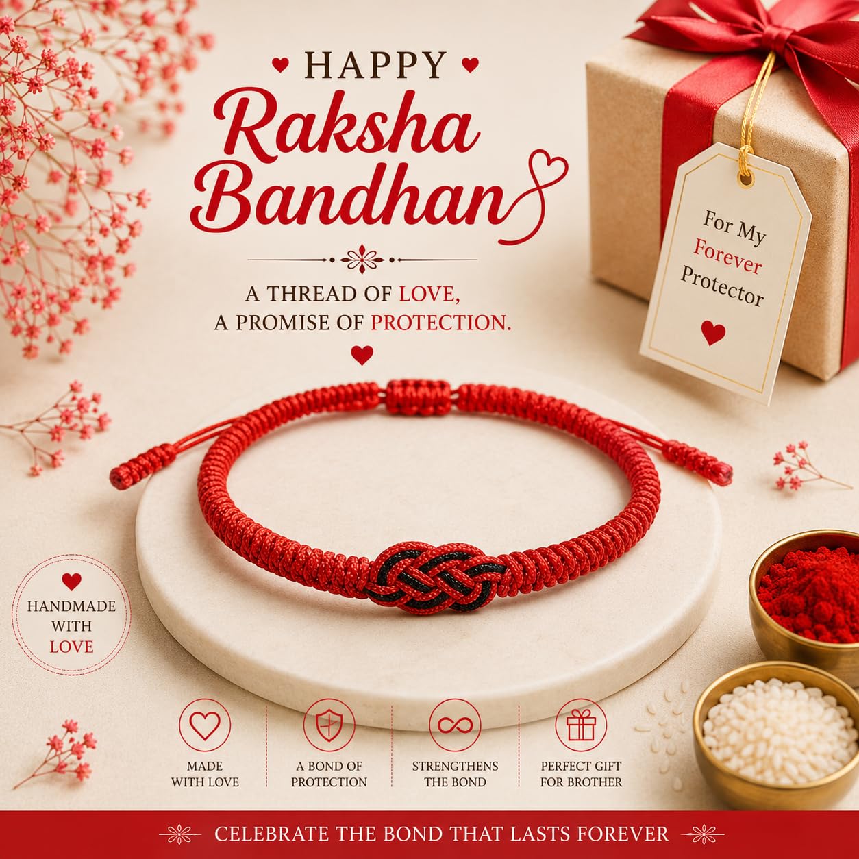 El Regalo 1PC Infinity Love Knot Lucky Rakhi for Brother - Hand Braided Amulet Knot Thread String Rakhi with Roli Chawal, Rakhi Message Card in Gift Box (Red)