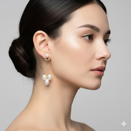 El Regalo Luxury Pearl Drop Tassel Front Back Earrings for Women - Gold Plated Multi-Pearl Dangle Ear Jacket Studs - Elegant White Vintage Earrings